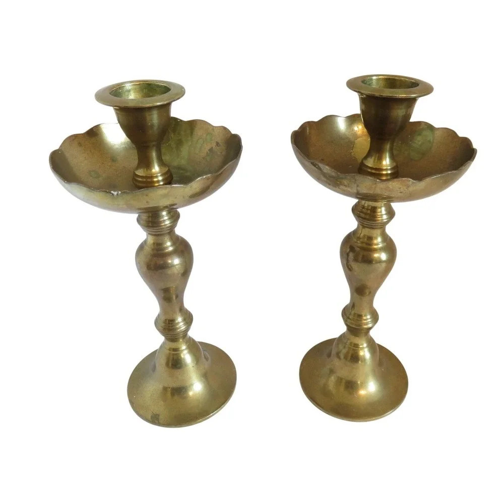 Vintage Solid Brass Scalloped Bobeche‎ Taper Candlestick Holders Pair 8.5 Inch